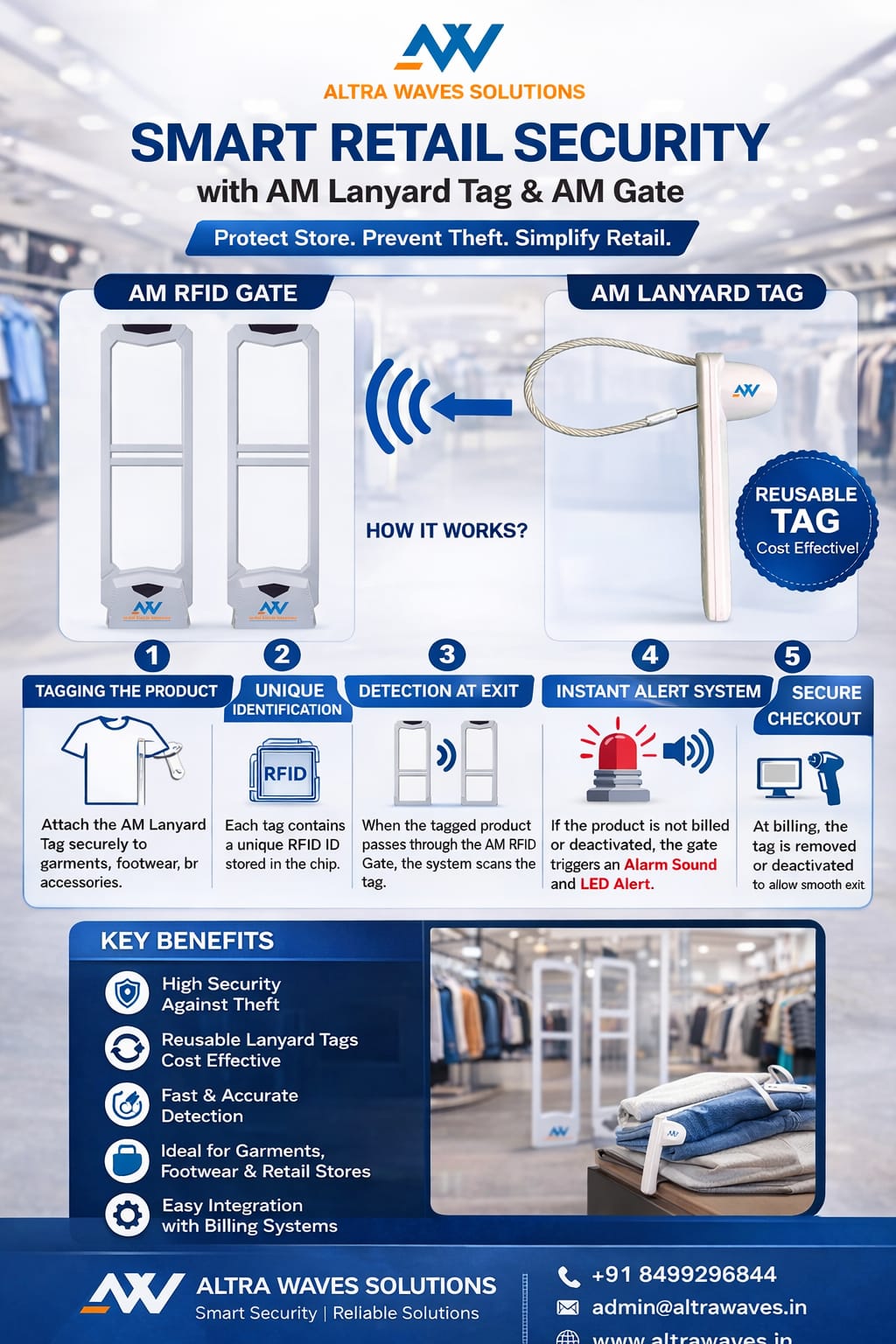 AM lanyard tag attached to retail product with AM security gate at store entrance